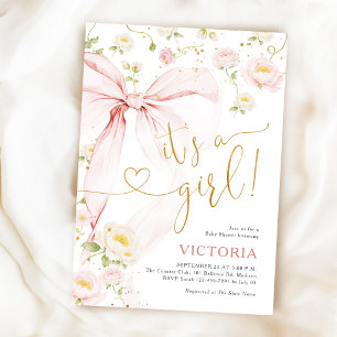 Pink Bow Girl Baby Shower Floral Invitation