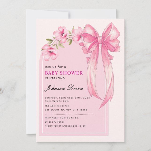 Pink Bow Girl Baby Shower Invitation (Front)
