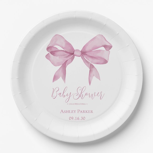 Pink Bow Girl Baby Shower Paper Plate (Front)
