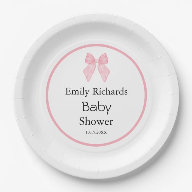 Pink Bow Girl Baby Shower  Paper Plate (Front)