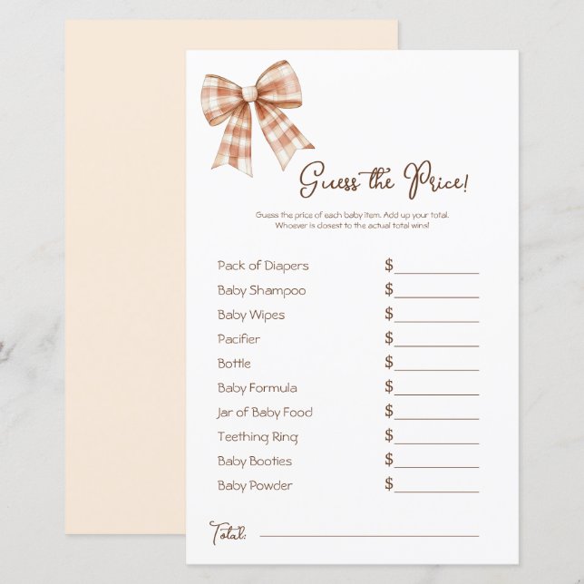 Pink Bow Girl Baby Shower Price Guess (Front/Back)