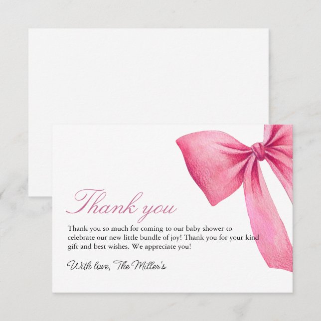 Pink Bow Girl Baby Shower Thank You Card (Front/Back)