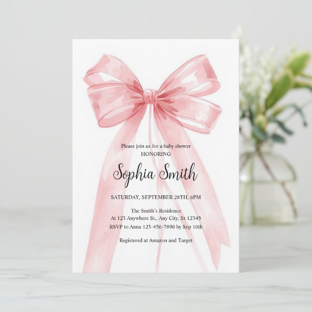 Pink Bow Girl Baby Shower Watercolor Invitation (Standing Front)