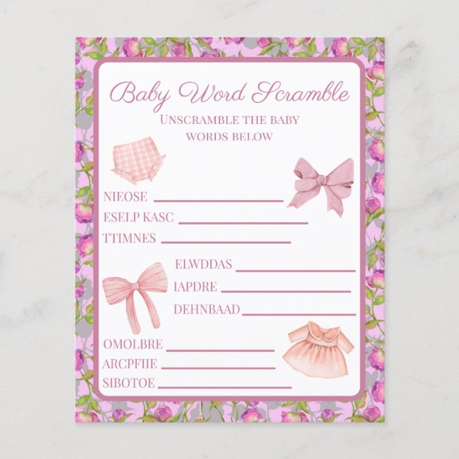 Pink Bow Girl Baby Shower Word Scramble (Front)