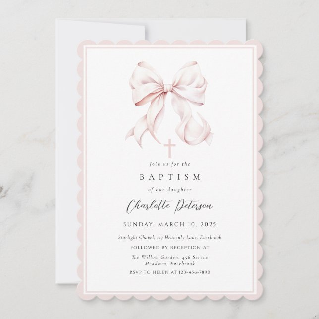 Pink Bow Girl Baptism Invitation (Front)