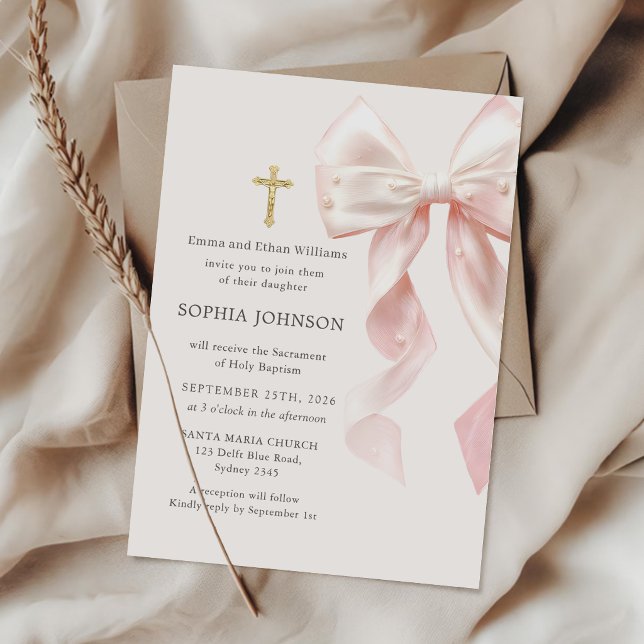 Pink Bow Girl Baptism Invitation (Creator Uploaded)