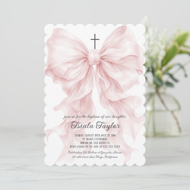 Pink Bow Girl Baptism Invitation (Standing Front)