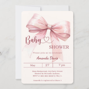 Pink bow girl beige cream Baby Shower Invitation