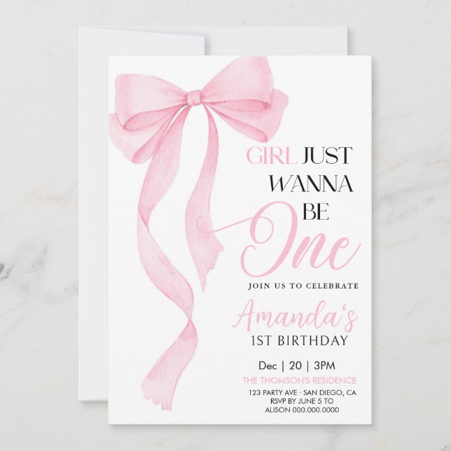  pink bow Girl birthday  Invitation (Front)