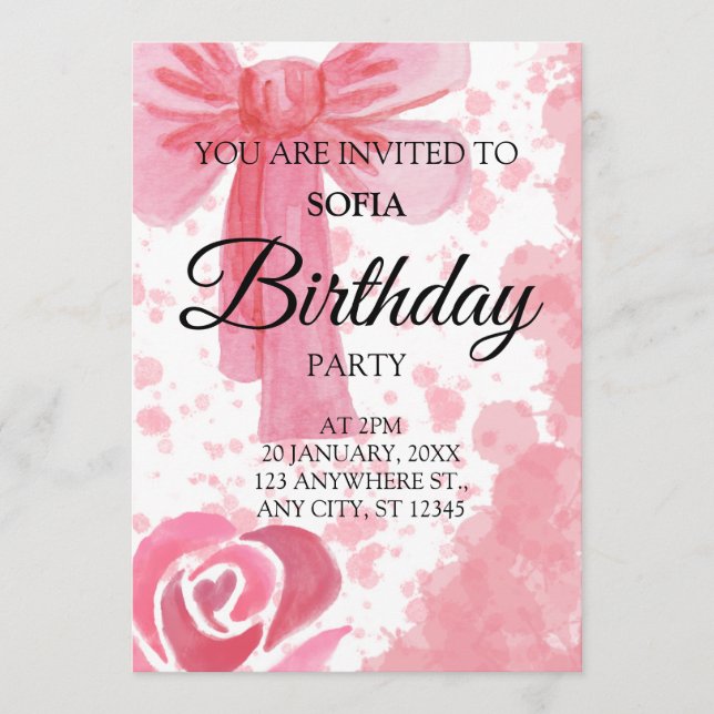 Pink Bow Girl Birthday Invitation (Front)