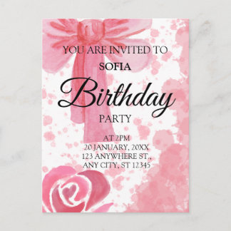 Pink Bow Girl Birthday Invitation Postcard
