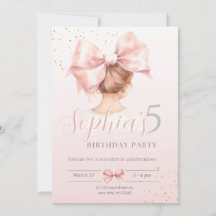 Pink Bow Girl Birthday Invitation Preppy Watercolo