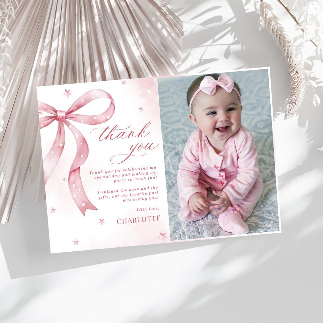 Pink Bow Girl Birthday Party Thank You Card (Creator Uploaded)