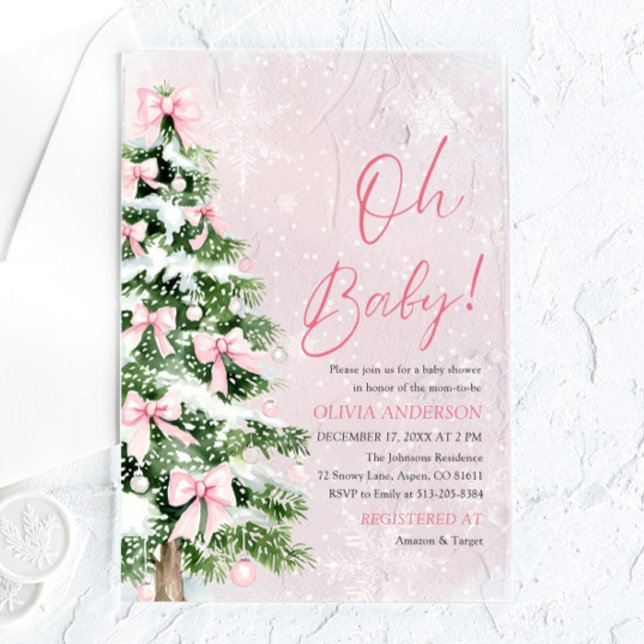 Pink Bow Girl Christmas Tree Oh Baby Baby Shower Acrylic Invitations (Pink Bow Girl Christmas Tree Oh Baby Baby Shower Acrylic Invitation)