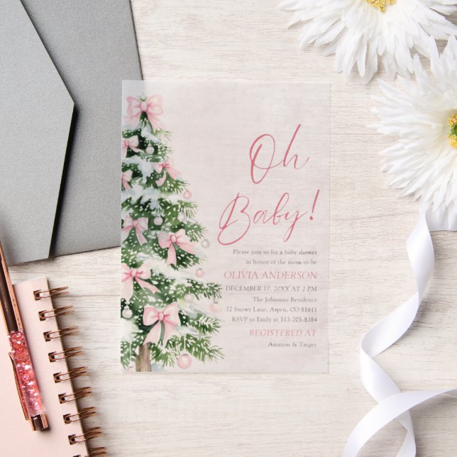 Pink Bow Girl Christmas Tree Oh Baby Baby Shower Vellum Invitations (Wedding)