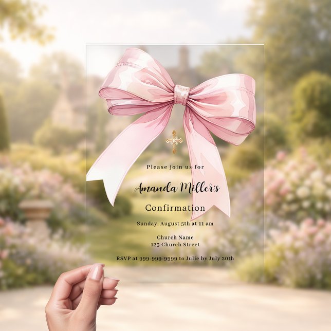 Pink bow girl clear Confirmation Acrylic Invitations (Creator Uploaded)
