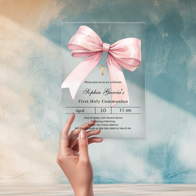 Pink bow girl clear First Communion Acrylic Invitations (Creator Uploaded)