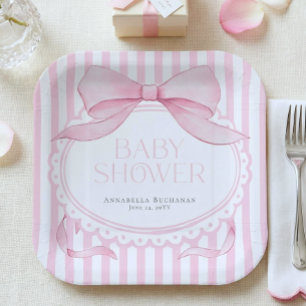 Pink Bow Girl Coquette Striped Baby Shower Paper Plate