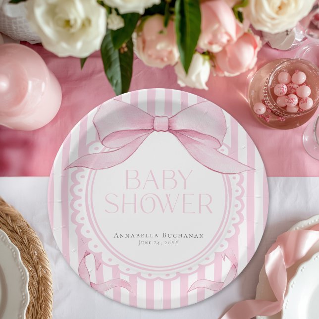Pink Bow Girl Coquette Striped Baby Shower  Paper Plate (Creator Uploaded)