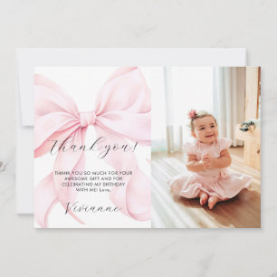 Pink Bow Girl First Birthday Flat Thank You Card