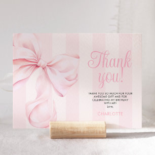Pink Bow Girl First Birthday Flat Thank You Card