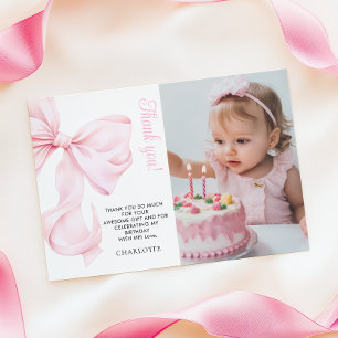 Pink Bow Girl First Birthday Flat Thank You Card