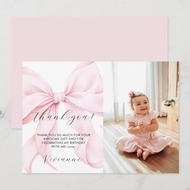 Pink Bow Girl First Birthday Flat Thank You Card (Front/Back)