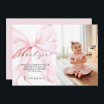 Pink Bow Girl First Birthday Flat Thank You Card<br><div class="desc">Pink Bow Girl First Birthday Flat Thank You Card. For a personal touch you can add a cute photo of your little one on the right side.</div>