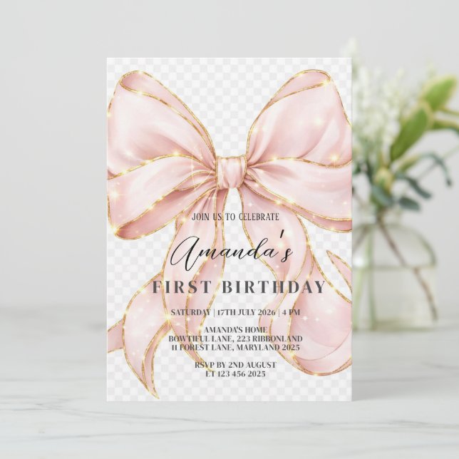 Pink Bow Girl First Birthday  Invitation (Standing Front)