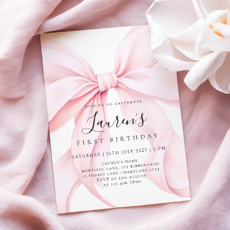 Pink Bow Girl First Birthday  Invitation