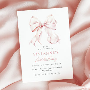Pink Bow Girl First Birthday Invitation
