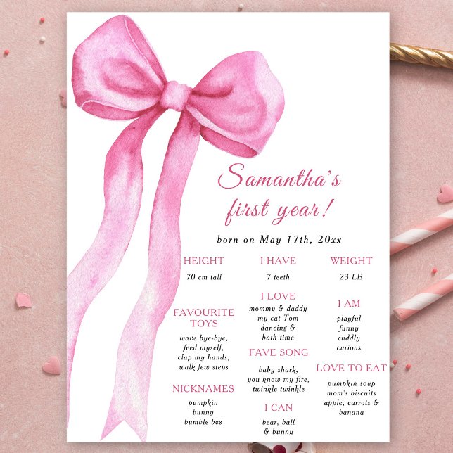 Pink Bow Girl First Birthday Milestone Birthday Poster (Creator Uploaded)