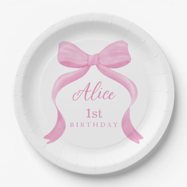 Pink Bow Girl First Birthday Paper Plate (Front)