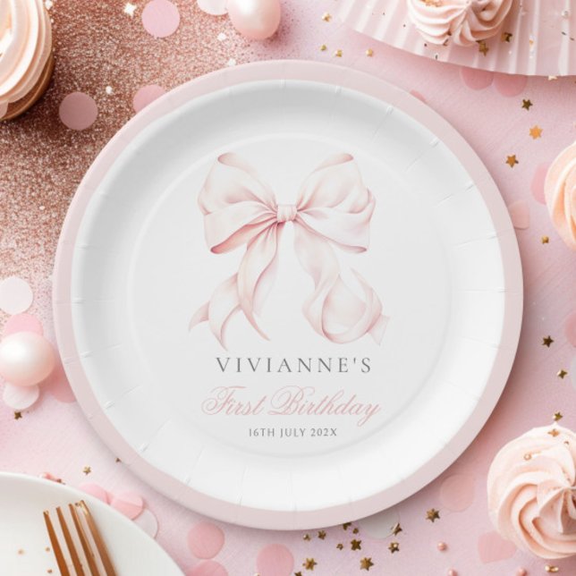 Pink Bow Girl First Birthday Paper Plate (Creator Uploaded)