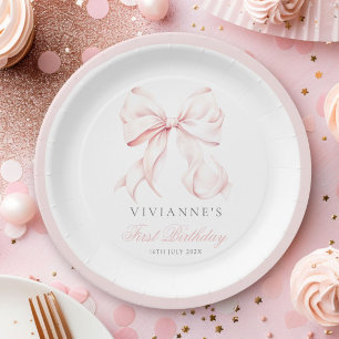 Pink Bow Girl First Birthday Paper Plate
