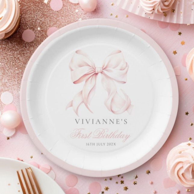 Pink Bow Girl First Birthday Paper Plate (Creator Uploaded)