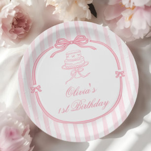 Pink Bow Girl First Birthday Paper Plate