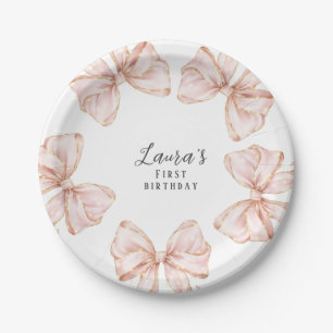 Pink Bow Girl First Birthday Party Paper Plate