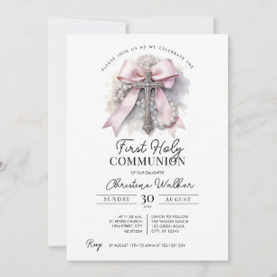 Pink Bow Girl First Holy Communion Invitation