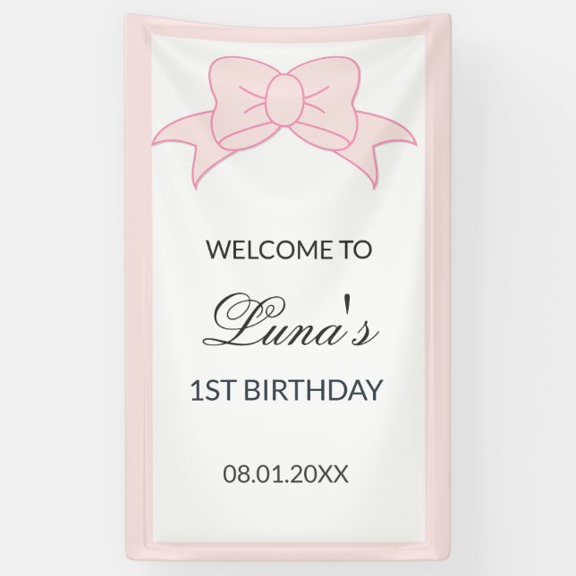 Pink Bow Girl Kids 1st Birthday  Banner (Vertical)