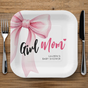 Pink Bow Girl Mom Ribbon Cute Baby Shower Paper Plate