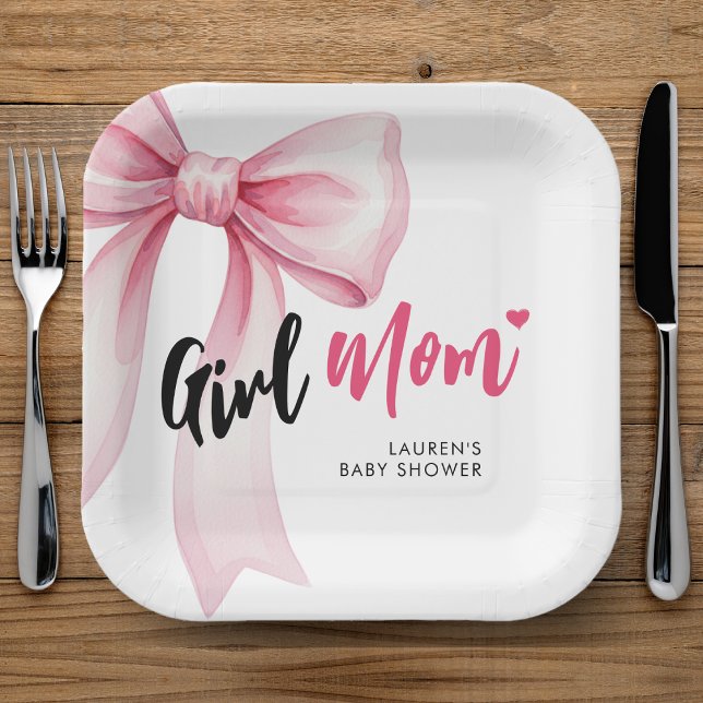 Pink Bow Girl Mom Ribbon Cute Baby Shower Paper Plate (Creator Uploaded)