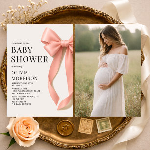 Pink Bow Girl Photo Baby Shower Invitation