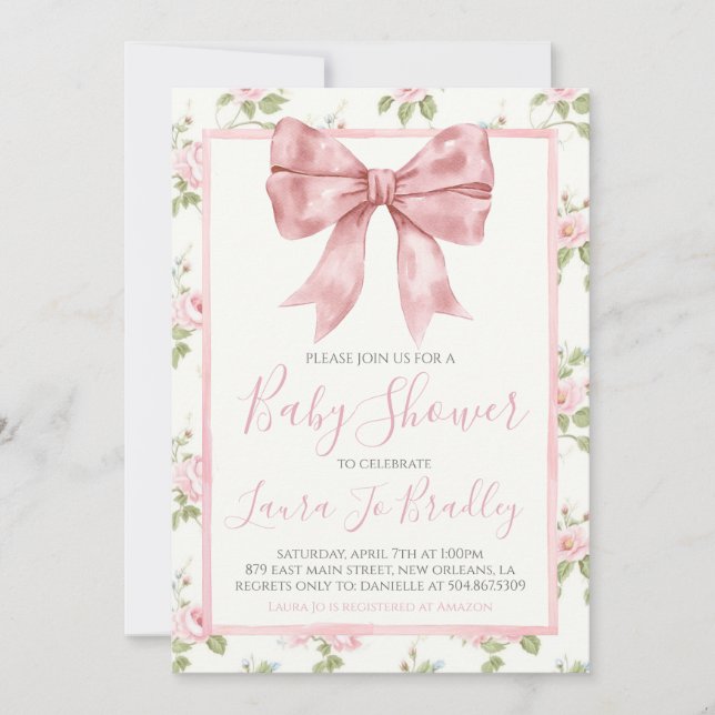 Pink Bow Girl Preppy Southern Baby Shower Invitation (Front)