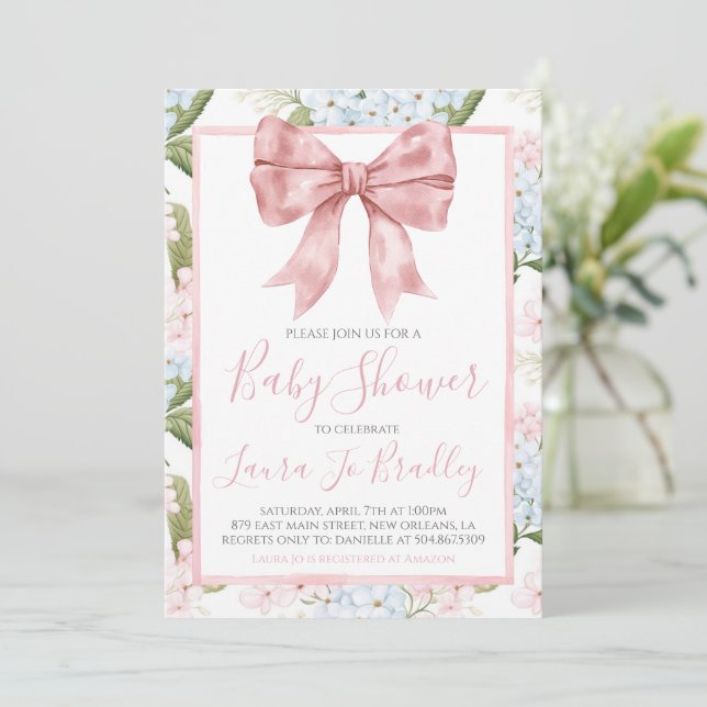 Pink Bow Girl Preppy Southern Baby Shower Invitation (Standing Front)