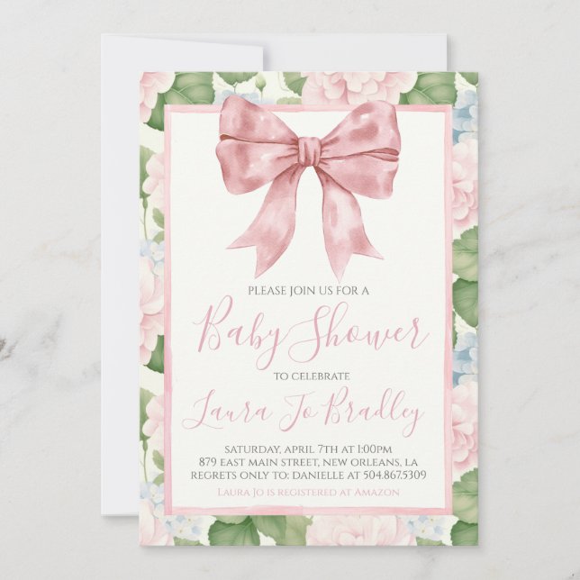 Pink Bow Girl Preppy Southern Baby Shower Invitation (Front)