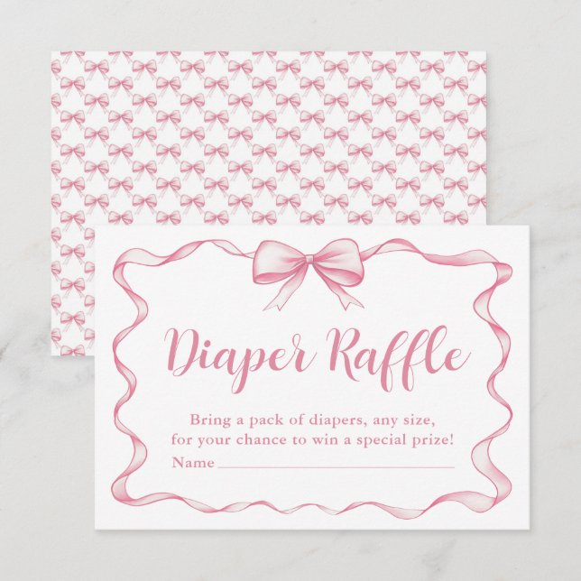 Pink Bow Girl Ribbon Baby Shower Diaper Raffle Enclosure Card (Front/Back)
