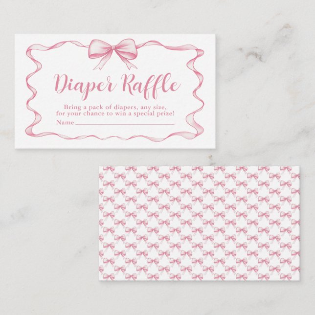 Pink Bow Girl Ribbon Baby Shower Diaper Raffle Enclosure Card (Front/Back)