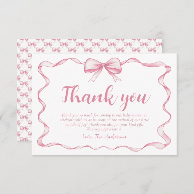 Pink Bow Girl Ribbon Baby Shower Thank You Card (Front/Back)