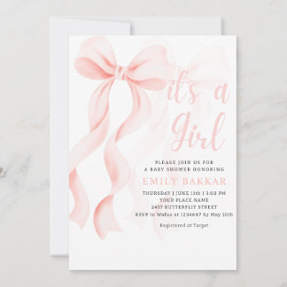 Pink Bow Girl watercolor boho modern baby shower  Invitation